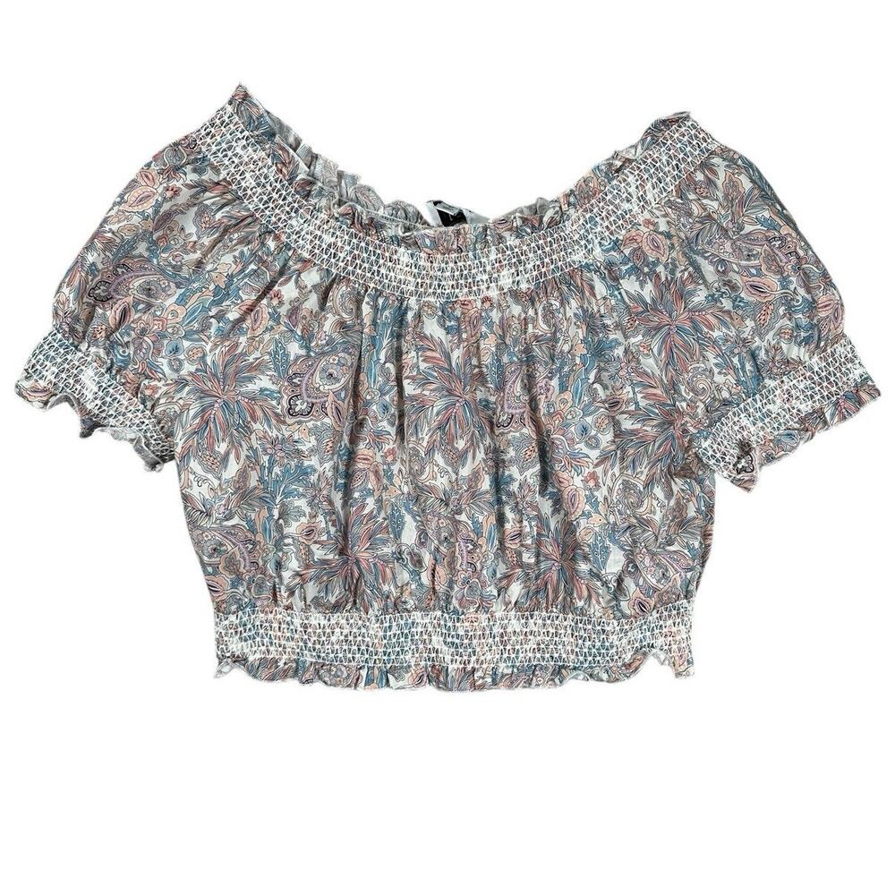 J.Crew Liberty Smocked Cotton Cropped Top Womens M Blouse Faraway Plum Floral